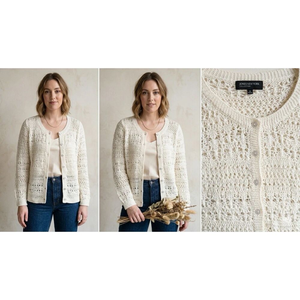 Jones New York Women M Ivory Crochet Cardigan Cotton Blend Button Front
